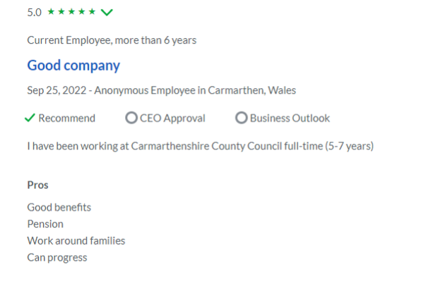 % star review from employee at Carmarthenshire county council on Glassdoor